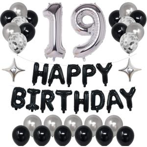 19th Black Silver Birthday Party Decorations for Men Women, Happy 19 Birthday Party Supplies with Black Happy Birthday Banner, Silver Foil Stars, Happy Birthday Balloons for 19th Birthday