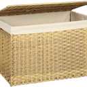SONGMICS Storage Basket with Lid, Woven Blanket Storage Bin with Handles, Foldable, Removable Liner, Metal Frame, for Bedroom, Laundry Room, 42.3 Gallons (160 L), Natural URST76NL