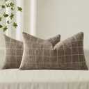 MIULEE Decorative Chenille Check Lumbar Throw Pillow Covers Vintage Plaid Couch Pillows 12x20 Inch Set of 2 Neutral Boho Farmhouse Cushion Covers Spring Decor for Sofa Bed Living Room Taupe Grey