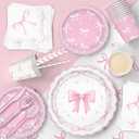 161PCs Pink Bow Party Supplies Pink Coquette Plates Napkins Cups Tablecloth Straws Forks Spoons Knives for Birthday Party Bachelorette Decor Bridal Engagement Coquette Party Supplies for 20 guests