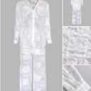 CHICME Womens Textured Two Piece Outfit Set Elegant Button Down Long Sleeve Shirt and Loose Wide Leg Pants Set (White, M)