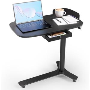 Rolling Adjustable Height Desk with Drawer and Wheels, Portable Small Standing Desk Pneumatic for Home Office, Mobile Computer Laptop Cart, Medical Sofa Overbed Table, Black (30x18 in)