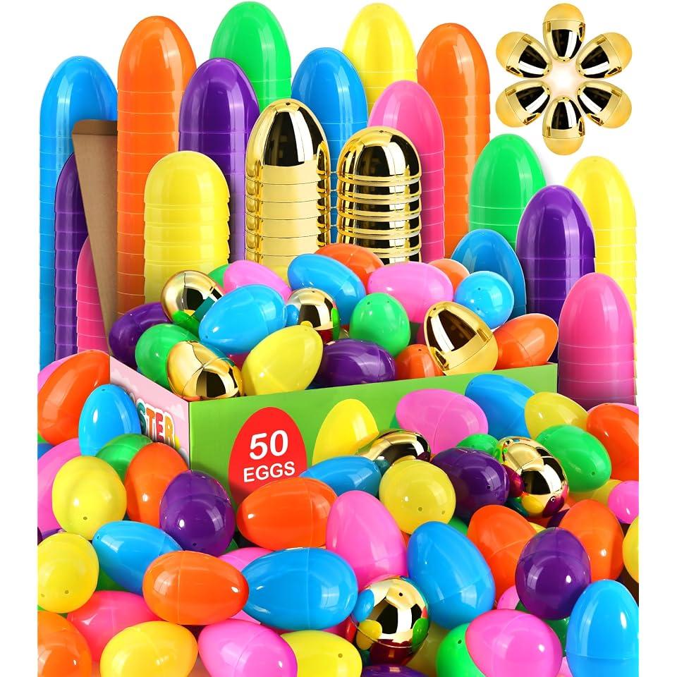 50 Pack 3 Inch Large Fillable Plastic Easter Eggs Bulk Include 6 Surprise Golden Eggs, Bright Color Empty Easter Eggs for Easter Hunts, Basket Stuffers Fillers, Easter Party Favors Classroom Prize