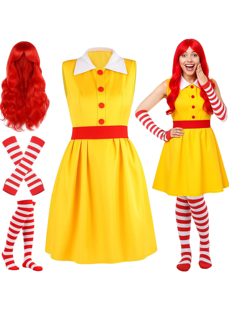 TaoBary 4 Pcs Halloween Fast Food Clown Waitress Costume Set for Women Long Arm Gloves Knee High Socks Red Wig for Cosplay XL