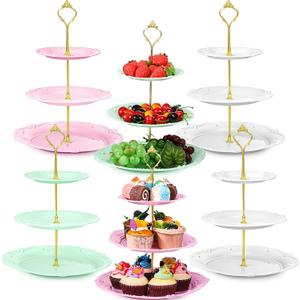 6 Sets Tea Party Decorations of 3 Tier Plastic Cupcake Stand Dessert Plates Cake Fruit Candy Display Tower for Wedding Birthday Baby Shower Tea Party Decorations (Round)