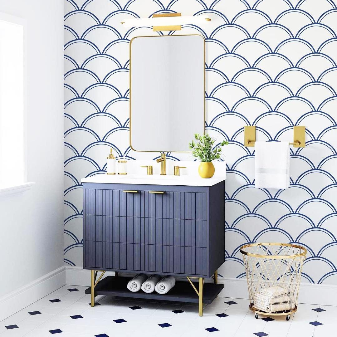 7 x Safiyya 393" x17.7" Wavy Wallpaper Blue and White Wall Paper for Bathroom Peel and Stick Wallpaper Geometric Stripe Removable Modern Contact Paper for Bedroom