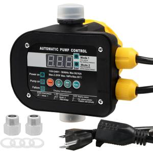 Smart Pump Controller with 2 Metal Pump Connector, BSPP G1 Threaded Interface, 2 Modes Digital Display, Adjustable Pressure, High Power, for Home, Garden, Industrial Use