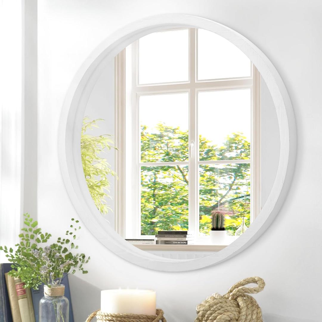 JJUUYOU Large Circle Wall Mirror 24 Inch White Round Mirror for Bathroom Wall Mounted Wood Frame Circular Mirror for Living Room, Bedroom, Washroom, Dorm Decorative