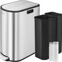 SONGMICS 13-Gallon Dual Kitchen Trash Can, 5.3 and 8 Gallon Compartments, Garbage Can with Wing Lids, Stainless Steel, Soft Close, Inner Buckets, Metallic Silver ULTB570E50