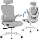 GABRYLLY Ergonomic Mesh Office Chair- White Desk Chair, Flip-Up Armrest, Adjustable Headrest, Tilting with Soft Seat and PU Wheel, Elite Home Desk Chair for Work, Study, Gaming (GY1108)