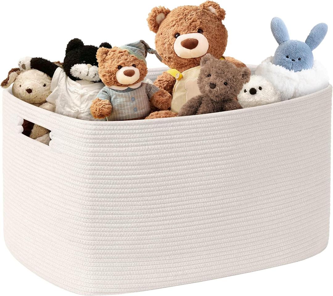 86L Large Baby Girls Laundry Basket for Nursery Storage,Cute Woven cotton Rope Baskets for Kids ToyGifts, Boho Square Wicker Blanket hamper for Living Room,Bedroom Dirty Clothes, White
