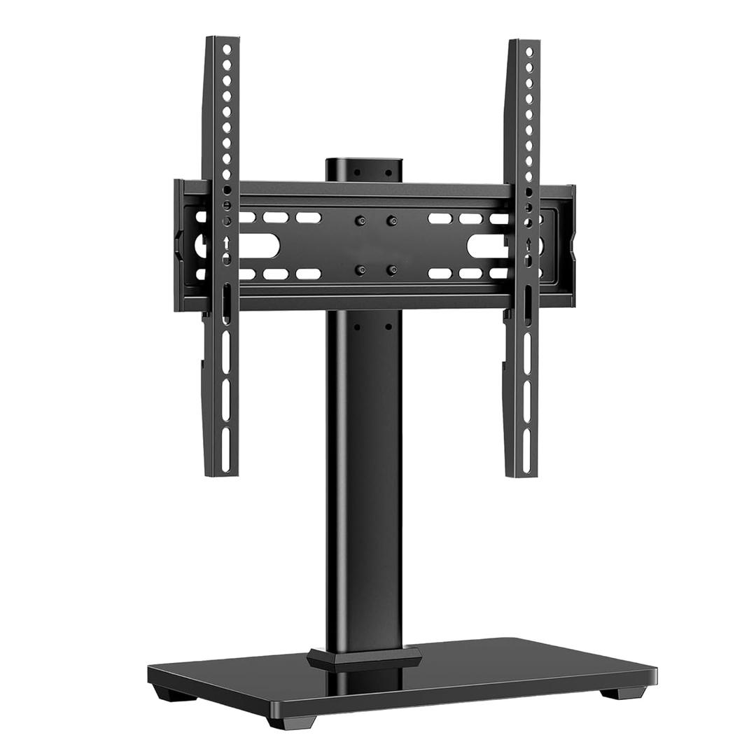 Universal 26-80" Tabletop TV Stand, 88 lb Steel & 8 mm Glass Base, 6-Level Height Snap, 10-Min No-Drill Install, VESA 100100-400400 mm