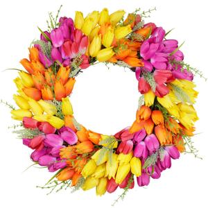 Vlorart Tulip Wreath for Front Door, 23 Inch Artificial Spring Summer Wreaths for Outside All Season with Green Leaves and Purple Flowers, Door Wreath for Farmhouse and Wedding Party Outdoor Decor