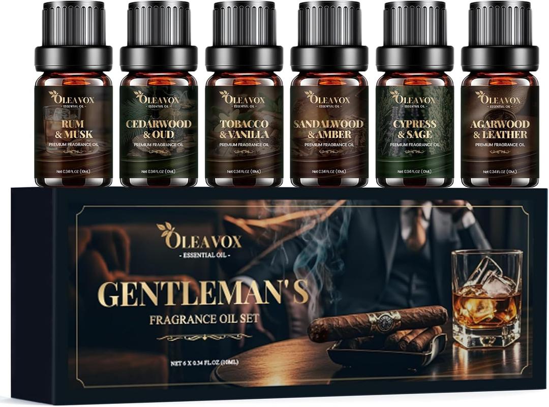 Men Essential Oils Gift Set, Premium Fragrance Oil for Diffusers for Home, Candle & Soap Scents,Agarwood & Leather,Tobacco & Vanilla, Sandalwood & Amber, Cypress & Sage, Rum & Musk,Cedarwood & Oud