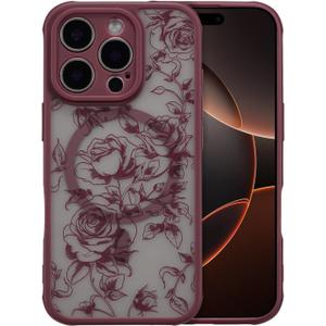 XIZYO Magnetic Case for iPhone 15 Pro Max, Floral Flower Cute Aesthetic Case [Compatible with Magsafe] for Women Girls Rose Pattern Slim TPU Bumper Shockproof Protective Cover, Branch Rose/Wine Red