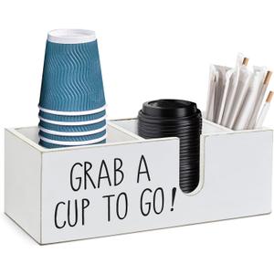 Coffee Station Organizer for Countertop, Cup and Lid Holder for Cup Lid Sleeve Pods Condiment, Wooden Disposable Cup Dispenser Holder for Bar Accessories Organizer Storage (White)