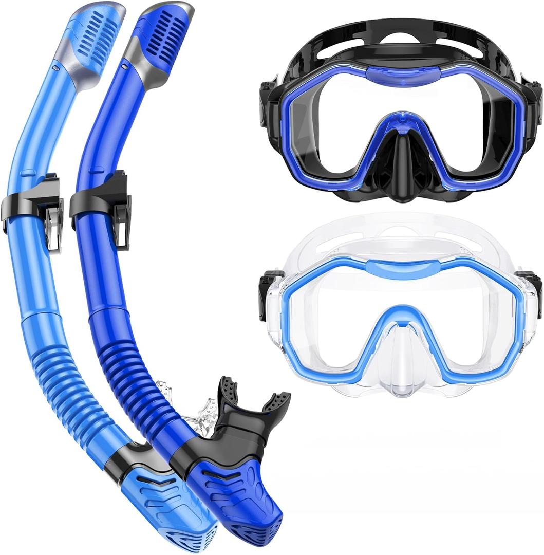 Snorkeling Gear for Adults Kids, Dry-Top Snorkel Set, 180° Panoramic Wide View Diving Mask Breathing Freely Snorkel Mask for Snorkeling Scuba Diving Swimming Travel (A18-Black Blue+Blue)
