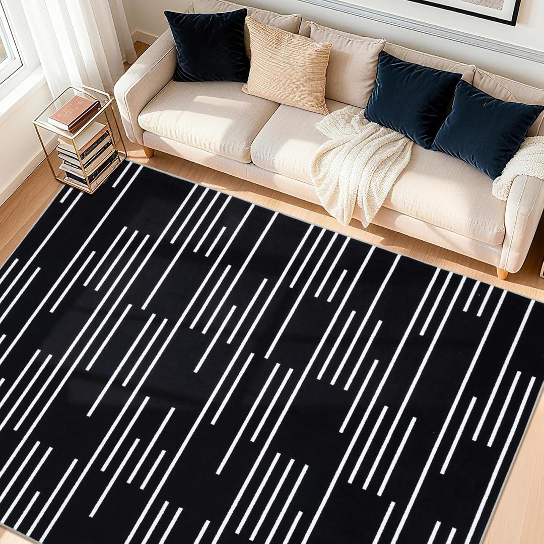 YIHOUSE Abstract Washable Rug 5x7,Ultra Thin Non Slip Black Rugs for Living Room,Modern Minimalist White Stripe Rugs for Bedroom,Dining Room Office Playroom (5'x7',Black-3)