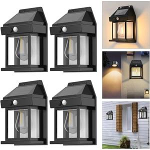 4pcs Solar Fence Lights, Motion Sensor Outdoor Light, 3 Lighting Modes Dusk to Dawn Porch Lamp IP65 Waterproof, Outdoor Solar Wall 600LM, (Black)