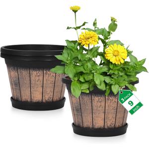 Quarut Plant Pots Set of 3 Pack 9 inch,Whiskey Barrel Planters with Drainage Holes & Saucer.Plastic Decor Flower Pots Imitation Wine Barrel Design,for Indoor & Outdoor Garden Home Plants (Brown)