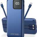 Portable Charger Built-in Cables for iPhone Samsung iPad Android Phone, 20000mAh Power Bank Fast Charging, Smart LED Display Battery Pack 2-Port Output Traveling, Dark Blue