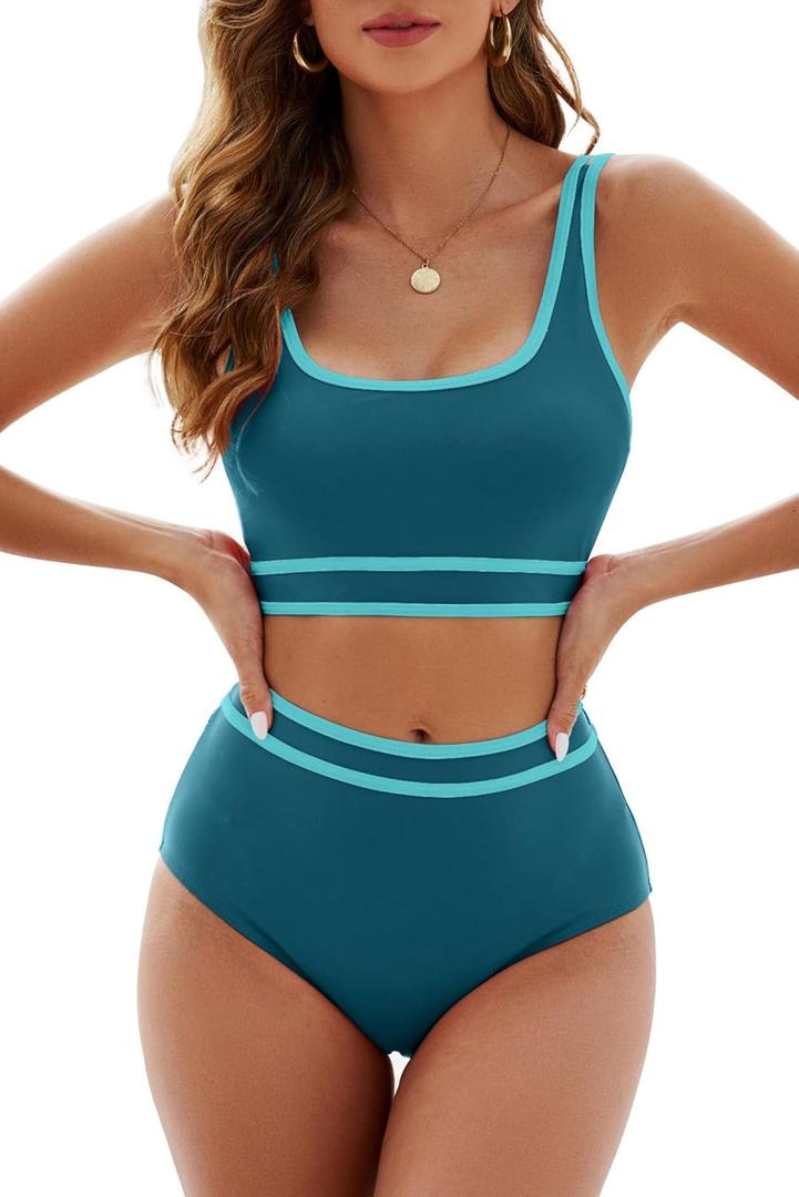 Adisputent Womens High Waisted Bikini Color Block Swimwear Bandeau Top Sports Style Scoop Crop Swimsuit 2 Piece Bathing Suits (Small, Turquoise)