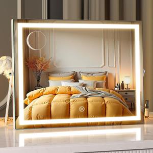 MINISO Vanity Mirror with Lights, 17.7" x 13.8" LED Makeup Mirror, Light & Brightness Adjustment, Smart Sensor, Aluminum Alloy Metal White Frame, with 5X Magnifying Glass