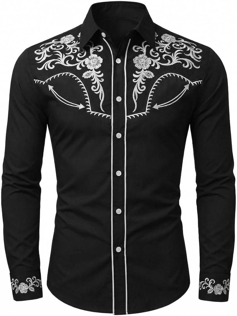 Men's Cowboy Shirt Embroidered Western Shirts Long Sleeve Slim Fit Button Down Shirt Casual Work Country Rodeo Outfit