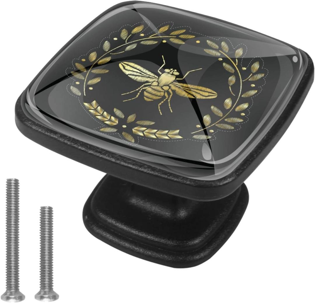 4 Pcs Cabinet Handle Drawer Pulls and Knobs Golden Flying Bee Pattern with Screws Square Furniture Office Cabinet Knob Decoration