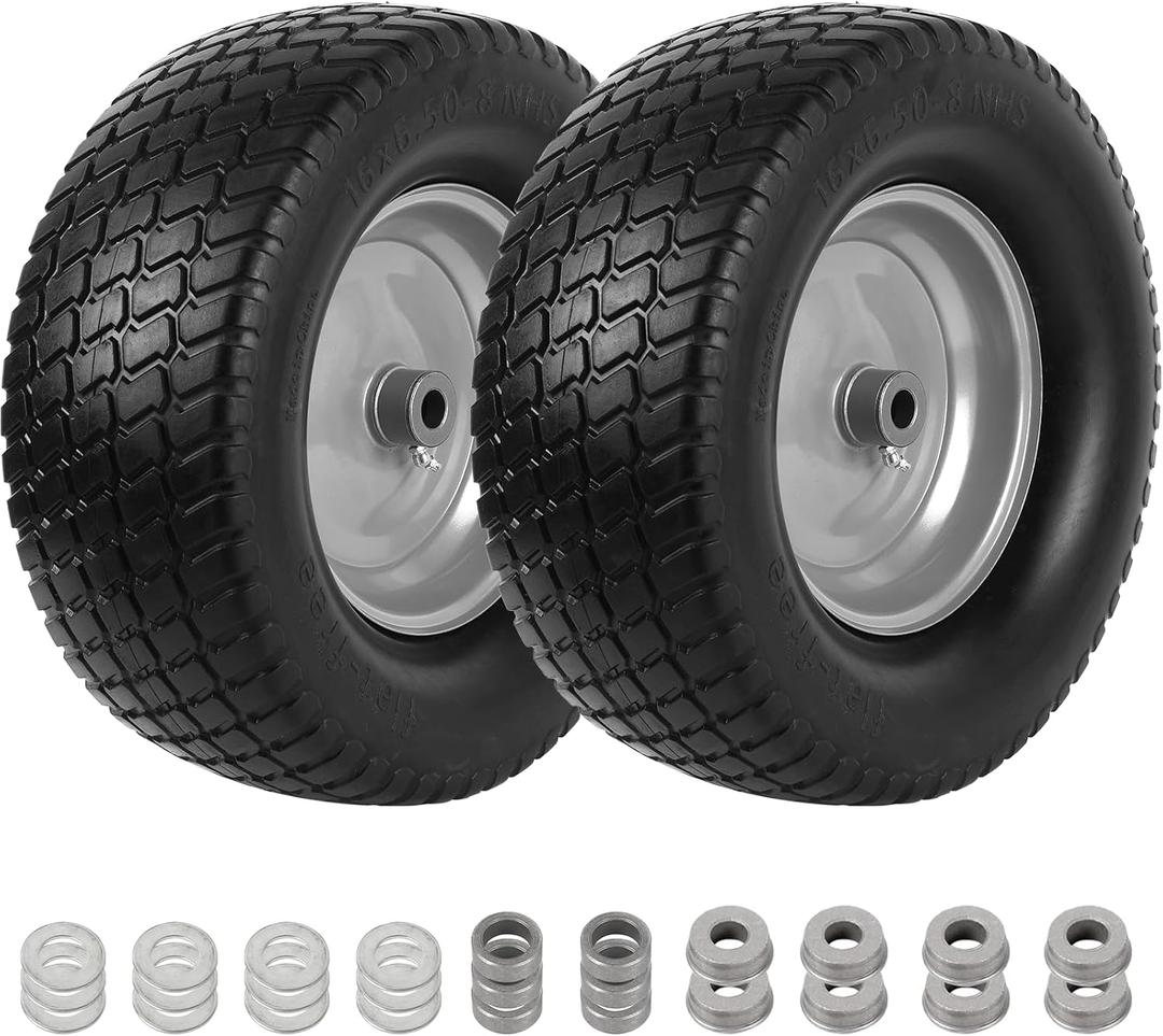 AR-PRO (2-Pack) 16x6.50-8 Flat Free Tire and Wheel, Solid Lawn Mower Tire with 3"-4.3" Centered Hub & 3/4" Bushings, Compatible with Riding Mower Graden Tractor