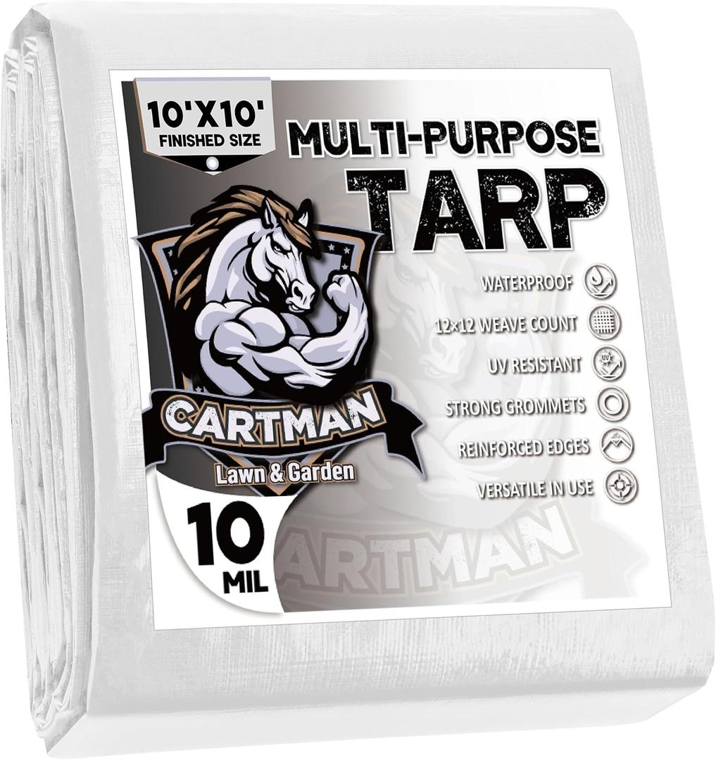 CARTMAN Finished Size 10x10 Feet 10 Mil White Heavy Duty Poly Tarp, Multipurpose Protective Cover, UV Resistant, Waterproof Poly Tarpaulin with Reinforced Edges Tarpaulin with Reinforced Edges
