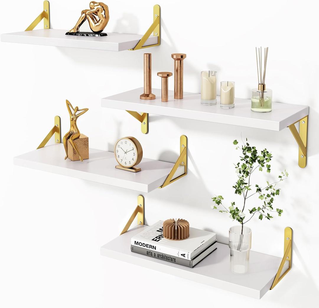 YGEOMER 4 Different Sizes Floating Shelves for Wall Decor, White and Gold
Rustic wood shelves in mixed sizes for flexible combined storage. Fits bathroom, kitchen, living room, bedroom and office.