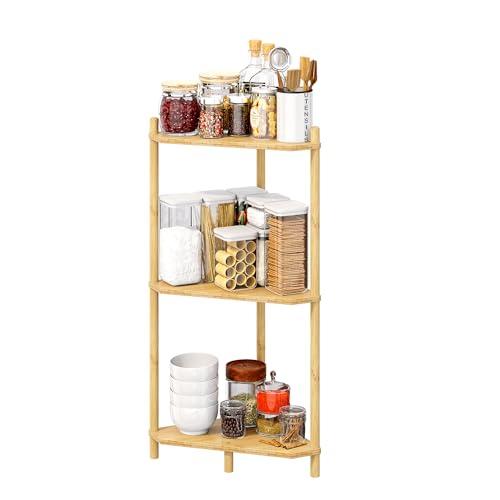 Wisuce Essentials Corner Shelf Stand - 3 Tier Bamboo Small Corner Bookshelf for Office Kitchen Bedroom Plant Stand Living Room Decor Small Space (Natural，3 Tier)