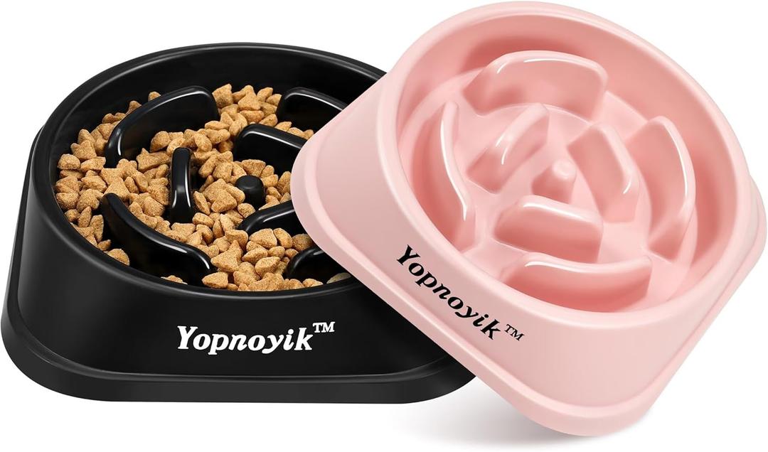 Yopnoyik 2 Pack Slow Feeder Dog Bowls for Healthy Eating, Non-Slip and Anti-Choking Design, Reduces Bloating & Overeating for Large Dogs, Easy to Clean (Black and Pink)