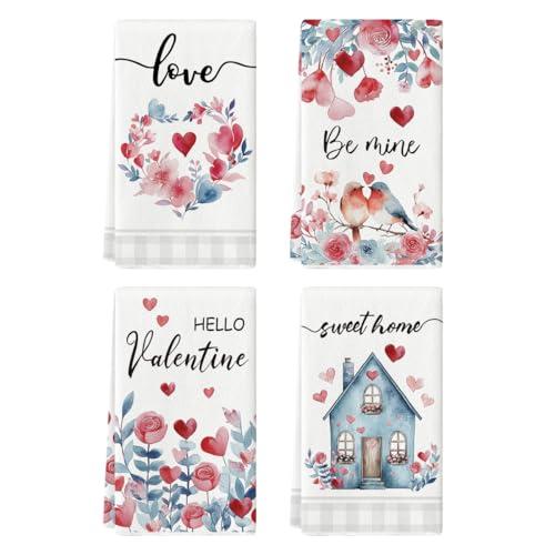 Artoid Mode Rose Floral Love Heart House Bird Valentine's Kitchen Towels Dish Towels, 18x26 Inch Farmhouse Wedding Decoration Cleaning Set of 4