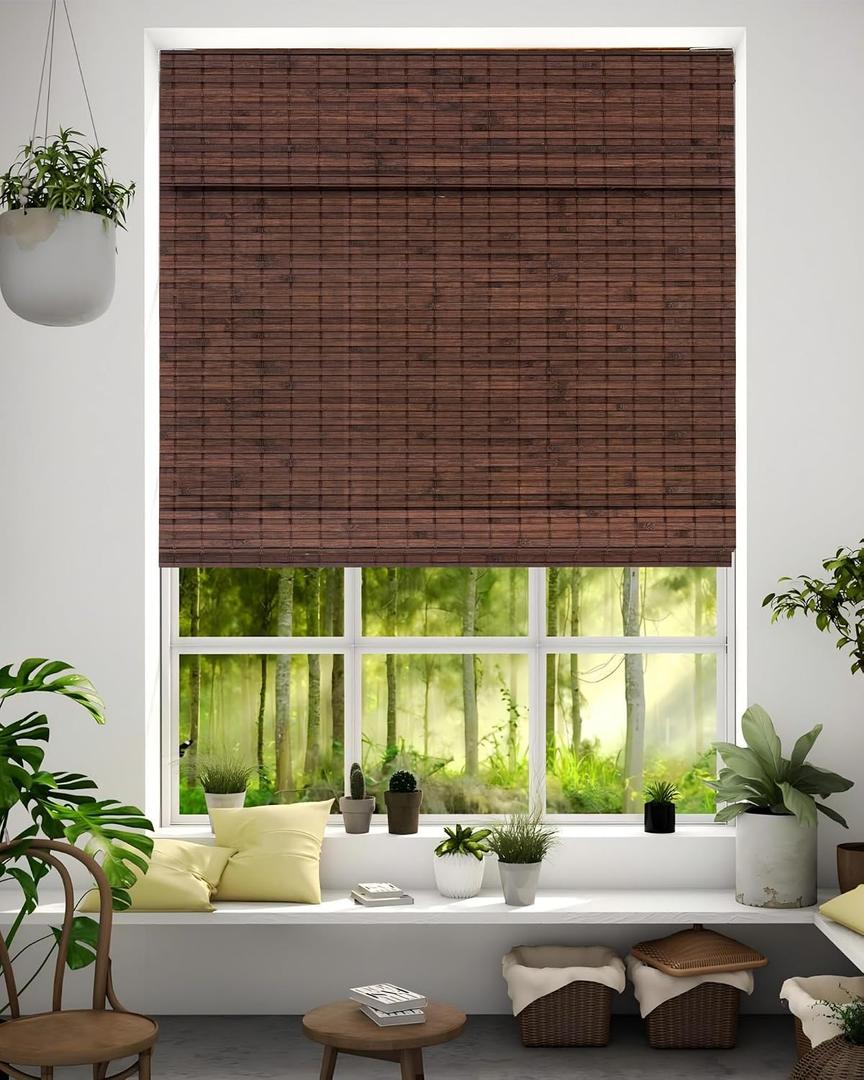 36''W X 72''H Cordless Bamboo Roman Shades for Interior Windows, Roll Up Bamboo Blinds with Valance, Light Filtering, Easy to Install, Coffee Color