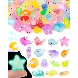 FIVEIZERO 102PCS Luminous Mini Resin Aquatic Animals Bulk - 15 Styles Glow in The Dark Plastic Tiny Sea Creatures for Dollhouse, Fairy Garden, Aquarium, Party Favors & DIY Craft Decor