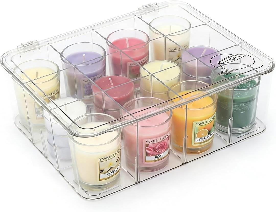 Candle Storage Organizer, 12 Slot Clear Acrylic Candlebox With Lid and Dividers, Holder for Scented Candles, Travel Candle Storage for Cabinet, Countertop, Closet and Home Shelf, 11.81*9.65*3.94 in