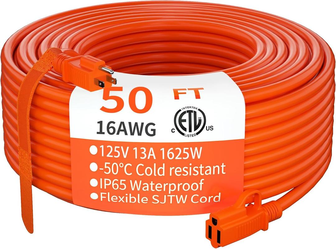 HUANCHAIN Indoor Outdoor Extension Cord 50 ft Waterproof, 16/3 Gauge Flexible Resistant Appliance Extension Cord Outside, 13A 1625W 16AWG SJTW, 3 Prong Electric Cable Orange, ETL