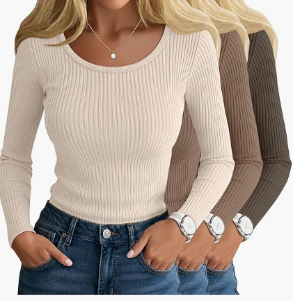 Ficerd 3 Pack Women's Ribbed Long Sleeve Tops Scoop Neck Slim Fit Shirts Cotton Casual Fall Going Out Basic Tee (X-Large, Black, Matcha Green, Mocha)