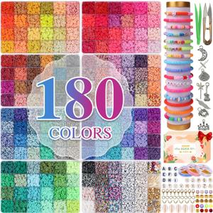 XSEINO 37300+ Pcs Clay Beads Bracelet Making Kit,8 Boxes 180 Colors Friendship Charms Kit Flat Polymer Heishi Beads with Rich Jewelry Making Accessories for Crafts Christmas Gifts
