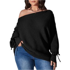 SOLY HUX Women's Plus Size Sweater Off Shoulder Lace Up Long Sleeve Asymmetrical Neck Pullover Top (XX-Large Plus, Plain Black)