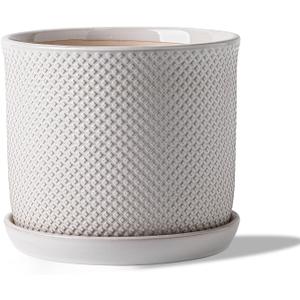 8 Inch Plant Pot: Ceramic Planter with Drainage Hole & Saucer Indoor Outdoor Plants - Flowerpot with Bonded Tray for Home Office - Beaded Embossed Style, Cream White