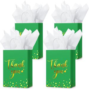 Tinlade 12 Pcs Thank You Gift Bags with Tissue Paper Gold Polka Dots Thank You Bags with Handle Party Favor for Wedding Birthday Baby Shower Business Shopping (Green)