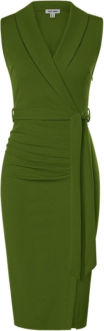 GRACE KARIN Women's Wear to Work Sleeveless Ruched Bodycon Office Pencil Midi Dresses with Belt (14, Olive Green)