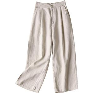 Women's 100% Linen Wide Leg Pants Summer Casual Cropped Palazzo Beach Pants Outfits 2025 Trendy (Beige)