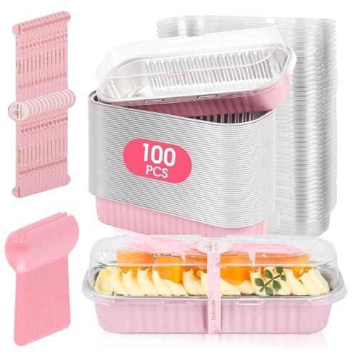 JPPSUJJ Mini Cake Pans with Lids and Spoons, Disposable Aluminum Foil Cake Tins (6.8oz） Individual Small Cake Baking Containers for Party,Wedding,Birthday