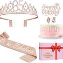 85th Birthday Party Decorations Including Sash, Crown, Numeral Candles and Cake Topper, Rose Gold 85th Birthday Decorations for Women