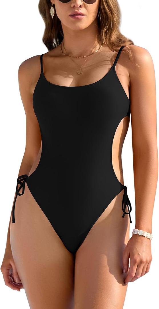 SHEKINI Women's Strappy Backless Bathing Suit Sexy Cut Out Adjustable Straps One Piece Swimsuits (Black, M)