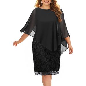 Plus Size Dresses Wedding Guest - Mother Bride Semi Formal Lace Cape with Chiffon Overlay Dresses (Black)